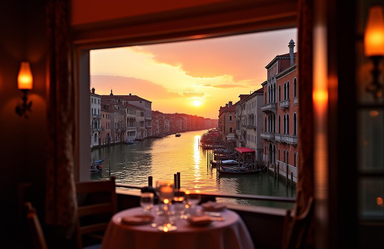 Vista pittoresca di un canale veneziano al tramonto dal ristorante Maree e Sapori.
