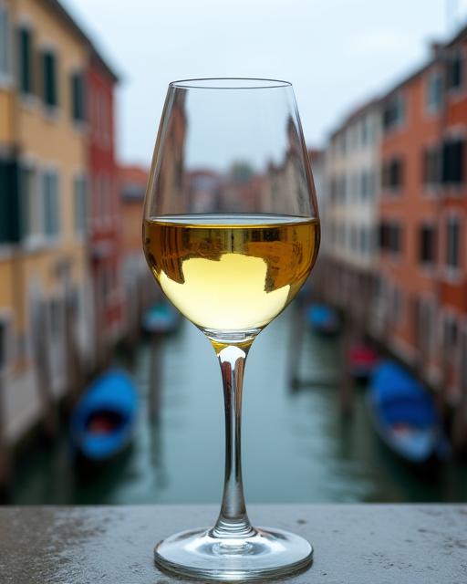 Un calice di vino bianco con vista sul canale.