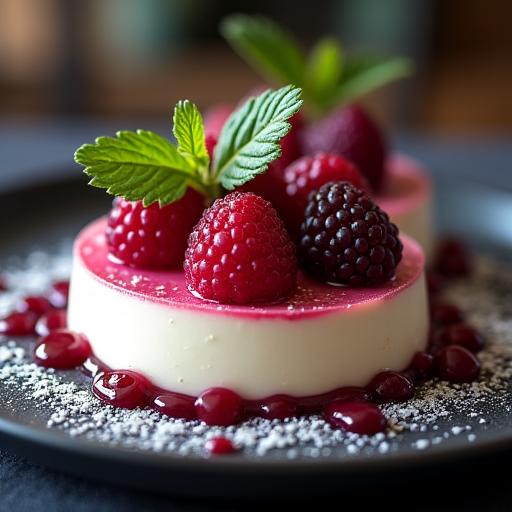 Dessert elegante con frutti di bosco e crema.