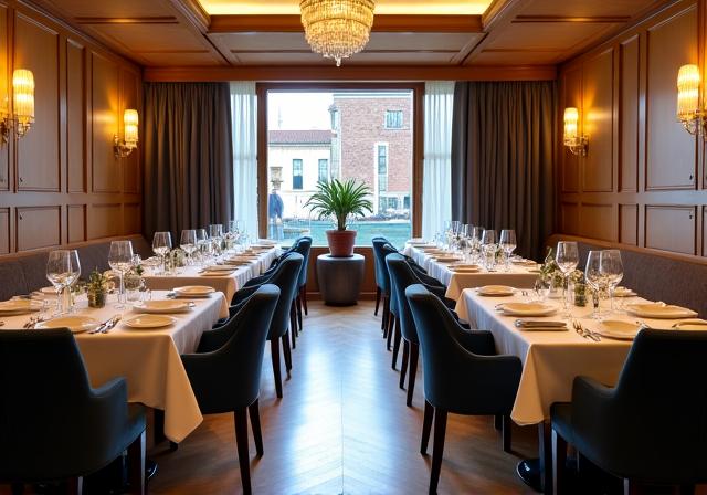 Interno elegante del ristorante Maree e Sapori con tavoli apparecchiati.
