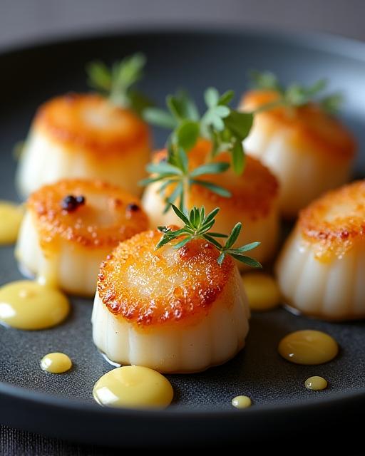 Piatto gourmet con capesante gratinate.