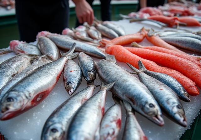 Pesce fresco esposto al Mercato di Rialto, fonte di ispirazione per Maree e Sapori.